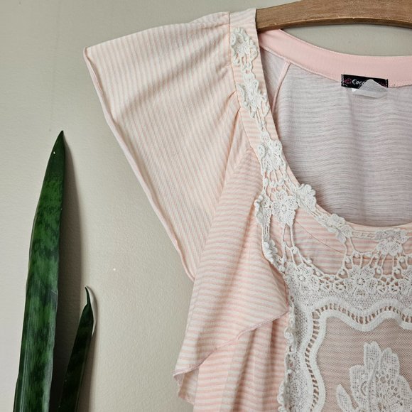 COCOMO | Peach & White Striped Short Sleeve Top with Lace Detail - Picture 3 of 6